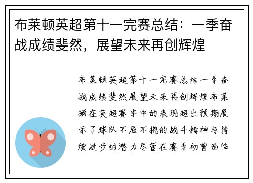 布莱顿英超第十一完赛总结:一季奋战成绩斐然,展望未来再创辉煌 布莱顿英超第十一完赛总结:一季奋战成绩斐然,展望未来再创辉煌